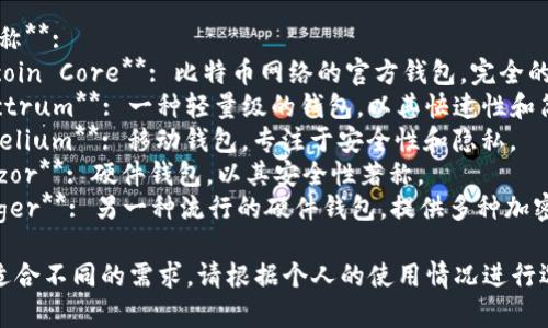 比特币钱包的名称有很多，常见的包括：

1. **钱包名称**:
   - **Bitcoin Core**: 比特币网络的官方钱包，完全的全节点钱包。
   - **Electrum**: 一种轻量级的钱包，以其快速性和简便性著称。
   - **Mycelium**: 移动钱包，专注于安全性和隐私。
   - **Trezor**: 硬件钱包，以其安全性著称。
   - **Ledger**: 另一种流行的硬件钱包，提供多种加密货币支持。

不同的钱包适合不同的需求，请根据个人的使用情况进行选择。